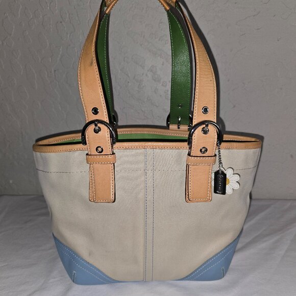 VTG COACH Hamptons Soho Daisy Cabriolet Canvas W/ Blue & Green Leather Tote 4428 - Picture 8 of 15